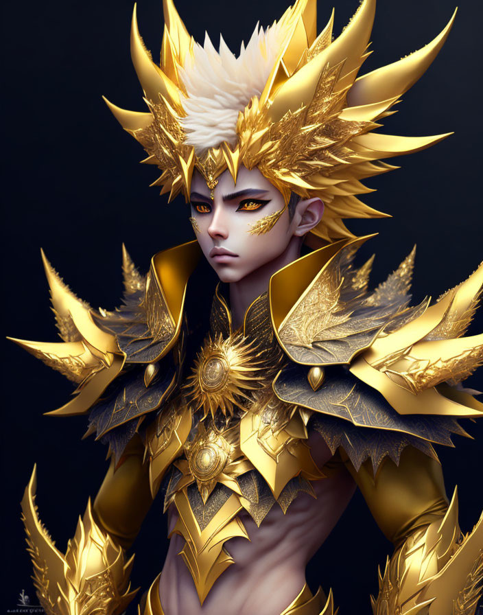 Golden spiked armor, crown, pale skin, white hair, yellow eyes - regal character.