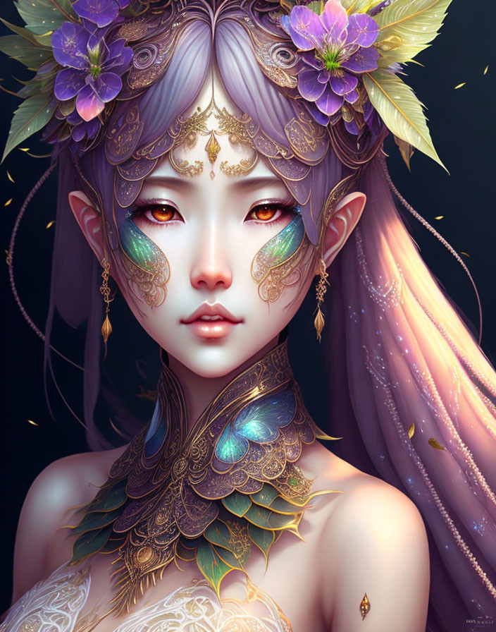 Ethereal being with pointed ears, violet hair, golden floral jewelry, and butterfly motif