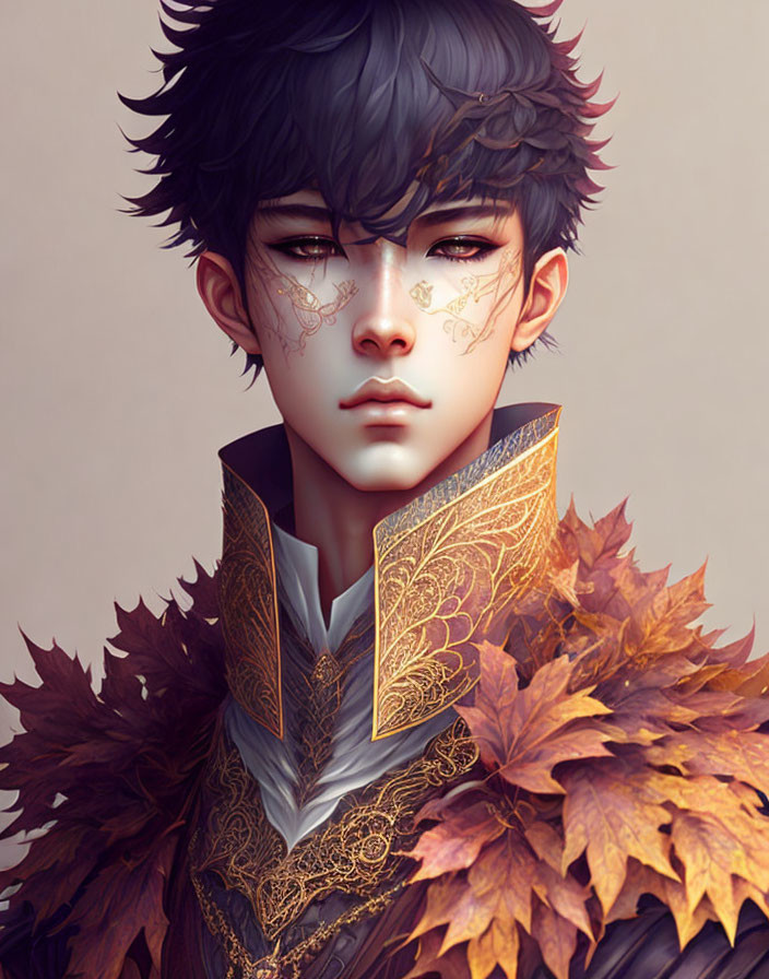 Portrait of young person with gold face tattoos and ornate autumn leaf collar