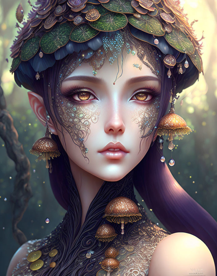 Fantasy creature with elfin features and leaf cap, adorned with intricate skin patterns