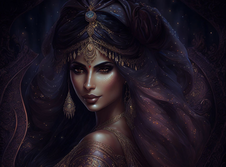 Illustration of woman with gold jewelry and mystical aura on dark, starry background