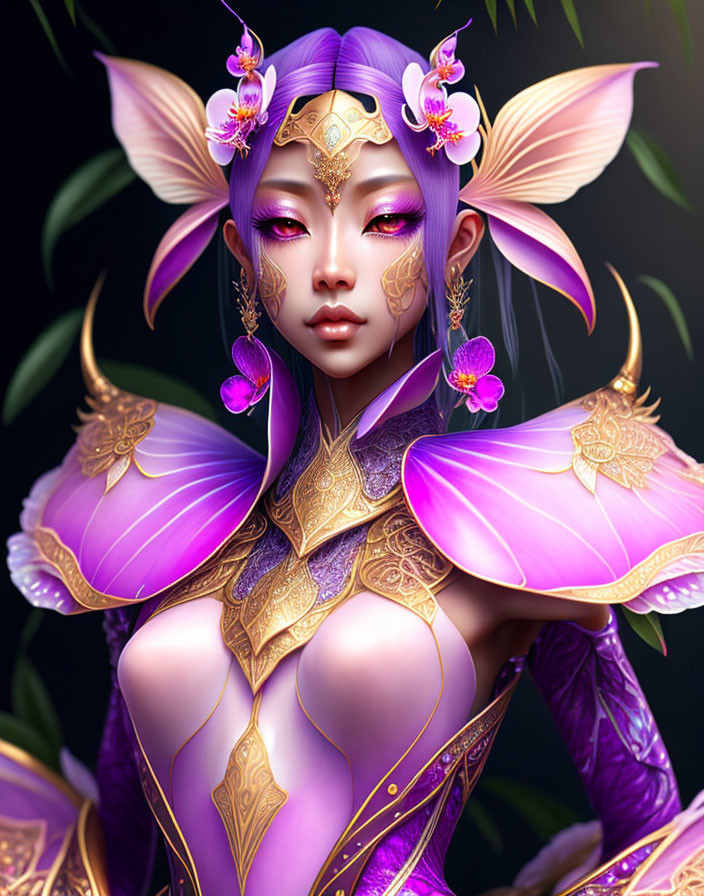 Fantasy female character with purple skin and elaborate gold armor