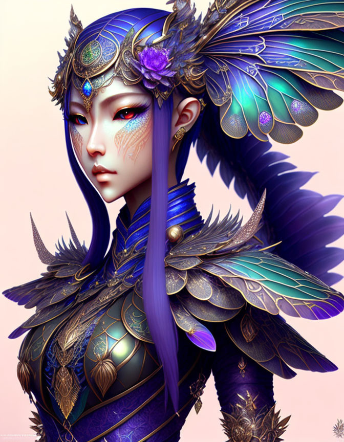 Illustrated female figure with purple hair and elven ears in blue and gold armor with feather-like details