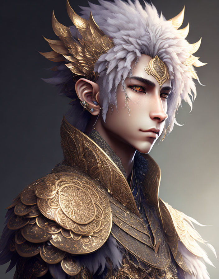 Fantasy character with white lion-like hair and golden armor.