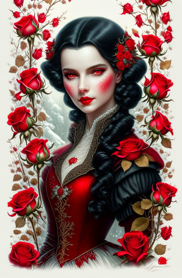 Gothic woman with black hair and red makeup among red roses