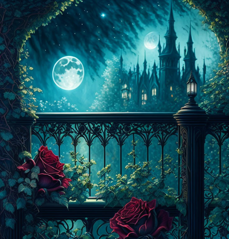 Fantasy balcony view of misty gothic castle under starry sky.