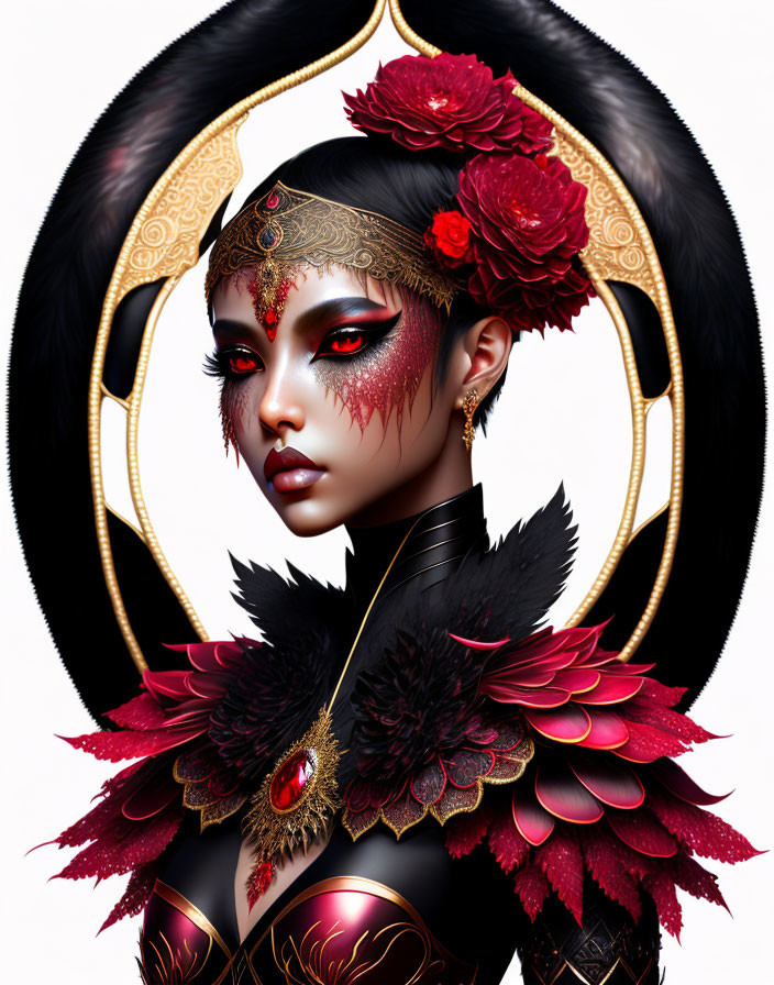 Digital Artwork: Woman with Red Makeup, Floral Headpiece, and Golden Halo