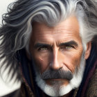 Man with White Hair, Beard, Intense Eyes, and Ornate Clothing with Gold Accents