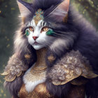 Majestic cat in golden and turquoise armor in mystical forest