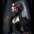 Ethereal woman with dark roses and lace in ornate frame.