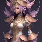 Fantasy illustration of character in ornate gold armor with purple eyes and hair