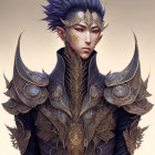 Blue Spiked Hair, Golden Facial Jewelry, Elaborate Blue & Gold Shoulder Armor with Wing Designs