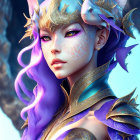 Fantasy character with purple hair, elf ears, orange eyes, silver and blue armor