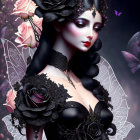 Illustrated portrait of woman with dark hair, floral headpiece, jewelry, black dress, roses,