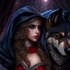 Woman in red cloak with hood beside large wolf in mystical forest setting