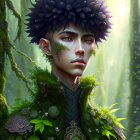 Fantasy character with green eyes in dark headdress and feather cloak in ethereal forest