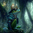 Regal Frog with Gold Crown and Monocular in Enchanted Forest