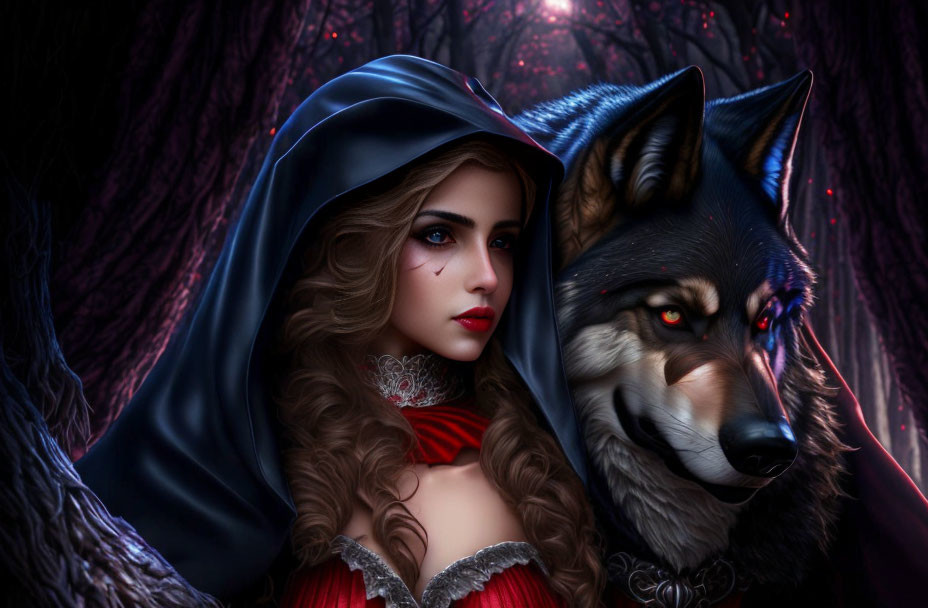 Woman in red cloak with hood beside large wolf in mystical forest setting