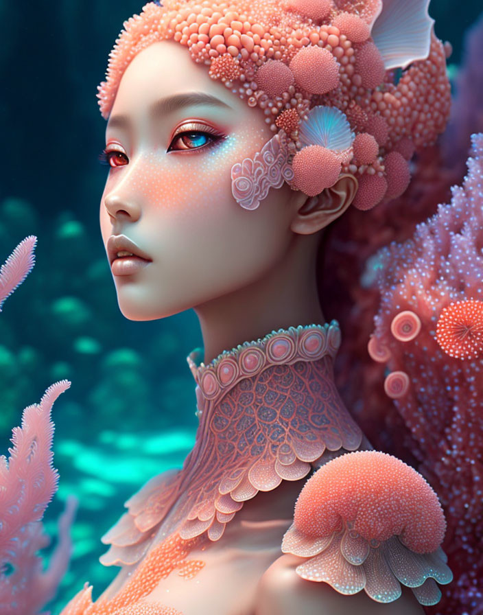 Digital Artwork: Woman with Coral Features in Aquatic Setting