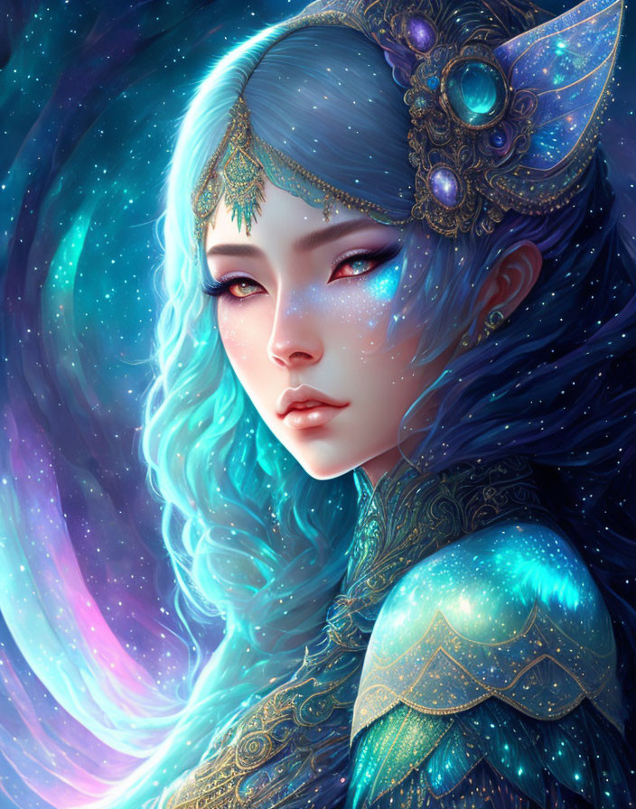 Fantasy Woman with Blue Hair and Cosmic Makeup in Starry Background