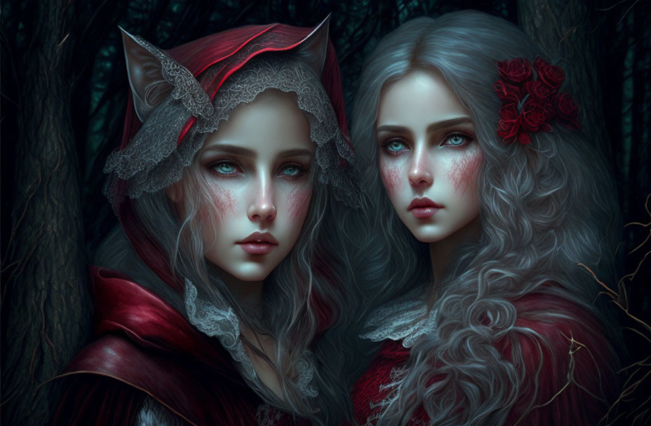 Ethereal women in red and lace in mystical forest