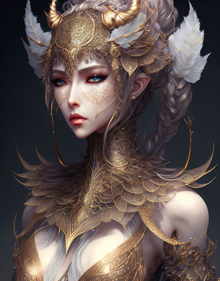 Fantasy-themed digital artwork of character with gold ornate headgear, braided hair, red eyes