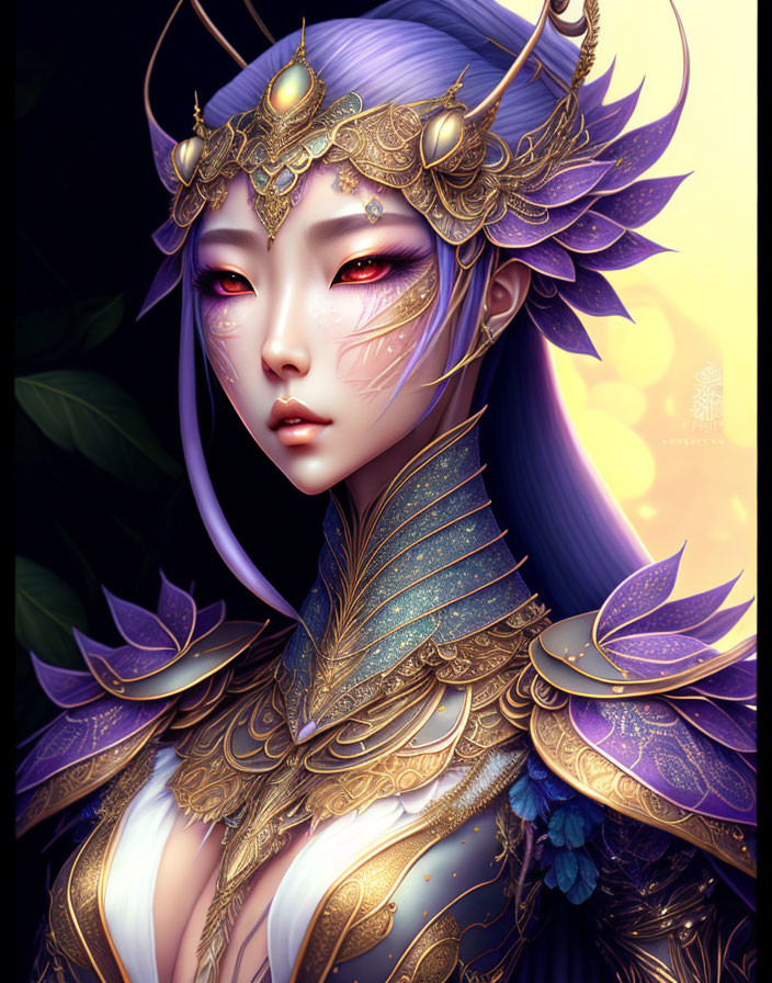 Fantasy character with purple hair, red eyes, golden armor, and feathered headdress