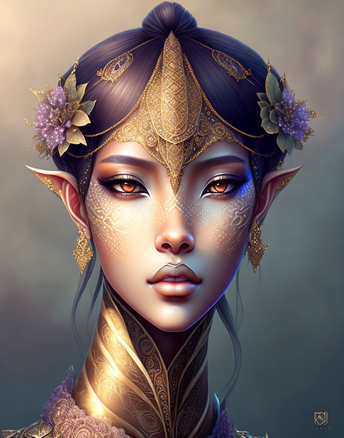 Fantasy portrait of female character with pointed ears and golden headdress.