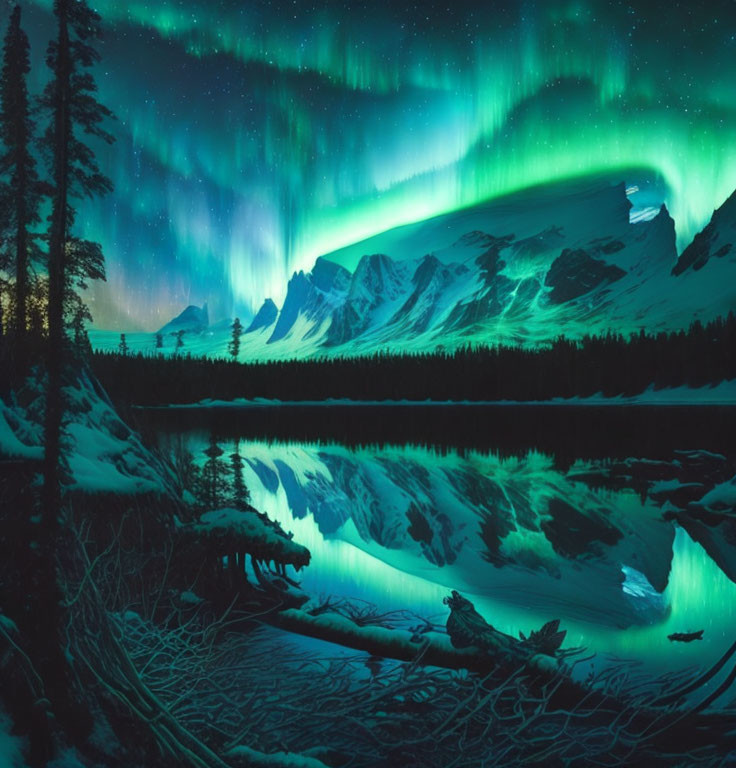 Northern Lights shine over tranquil mountain lake