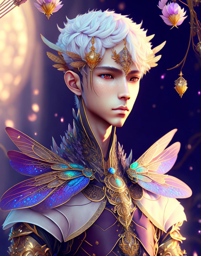 Ethereal figure with white hair, pointed ears, golden ear cuffs, intricate armor, and lumin