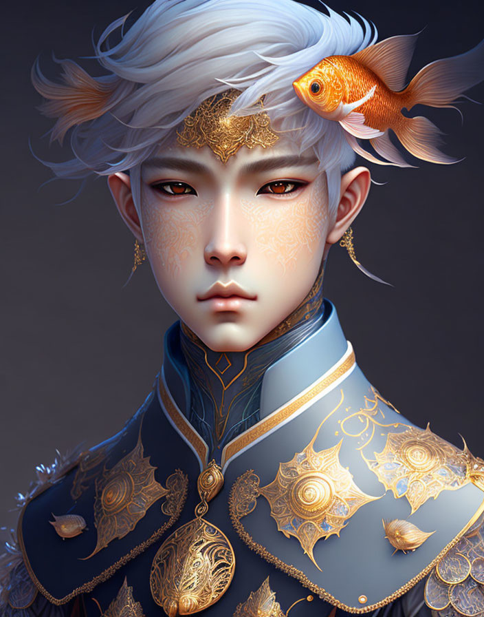 Fantasy character with pale skin, white hair, gold tattoos, and golden fish in ornate blue