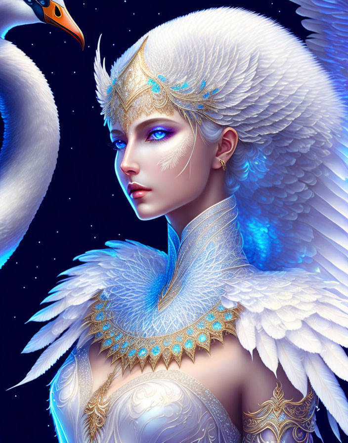 Woman with white feathered wings, headdress, and swan on dark blue background