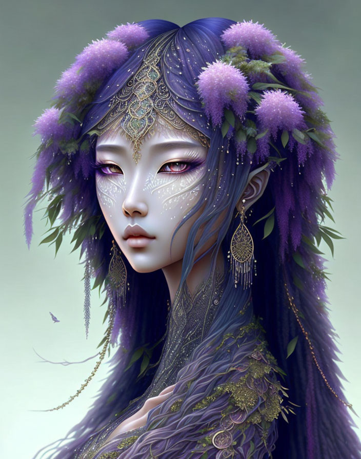 Mystical woman with purple hair, facial tattoos, gold jewelry, and floral details