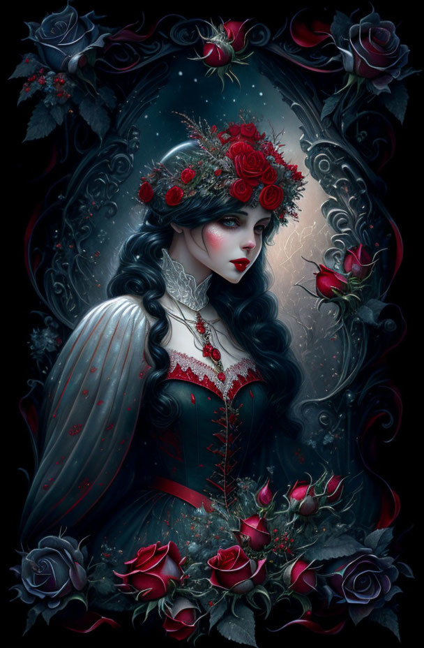 Illustration of Gothic Woman in Red and Black Victorian Dress