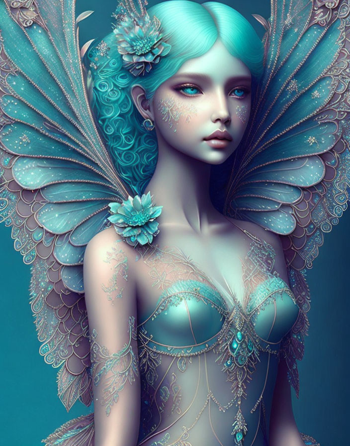 Digital artwork featuring woman with blue skin and hair in ornate headdress and body jewelry