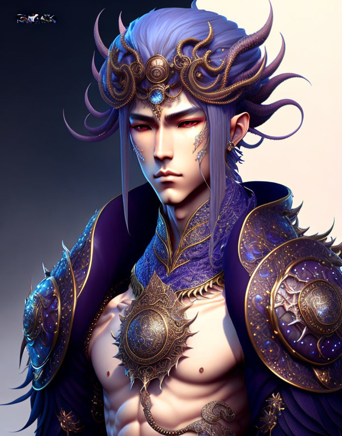 Fantasy Character Digital Art: Purple Hair, Golden-and-Blue Armor, Mystical Tattoos