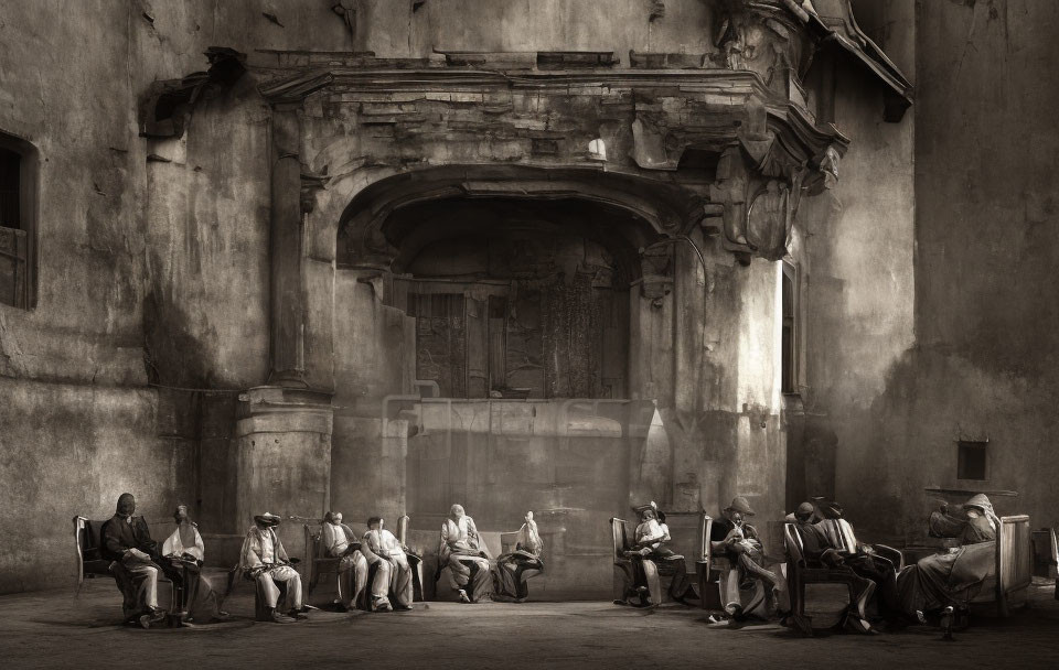 Vintage clothing on mismatched chairs against weathered building