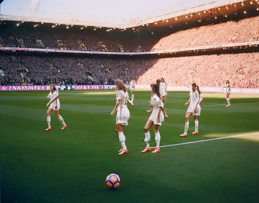 Soccer players on sunlit pitch with packed stadium and ball