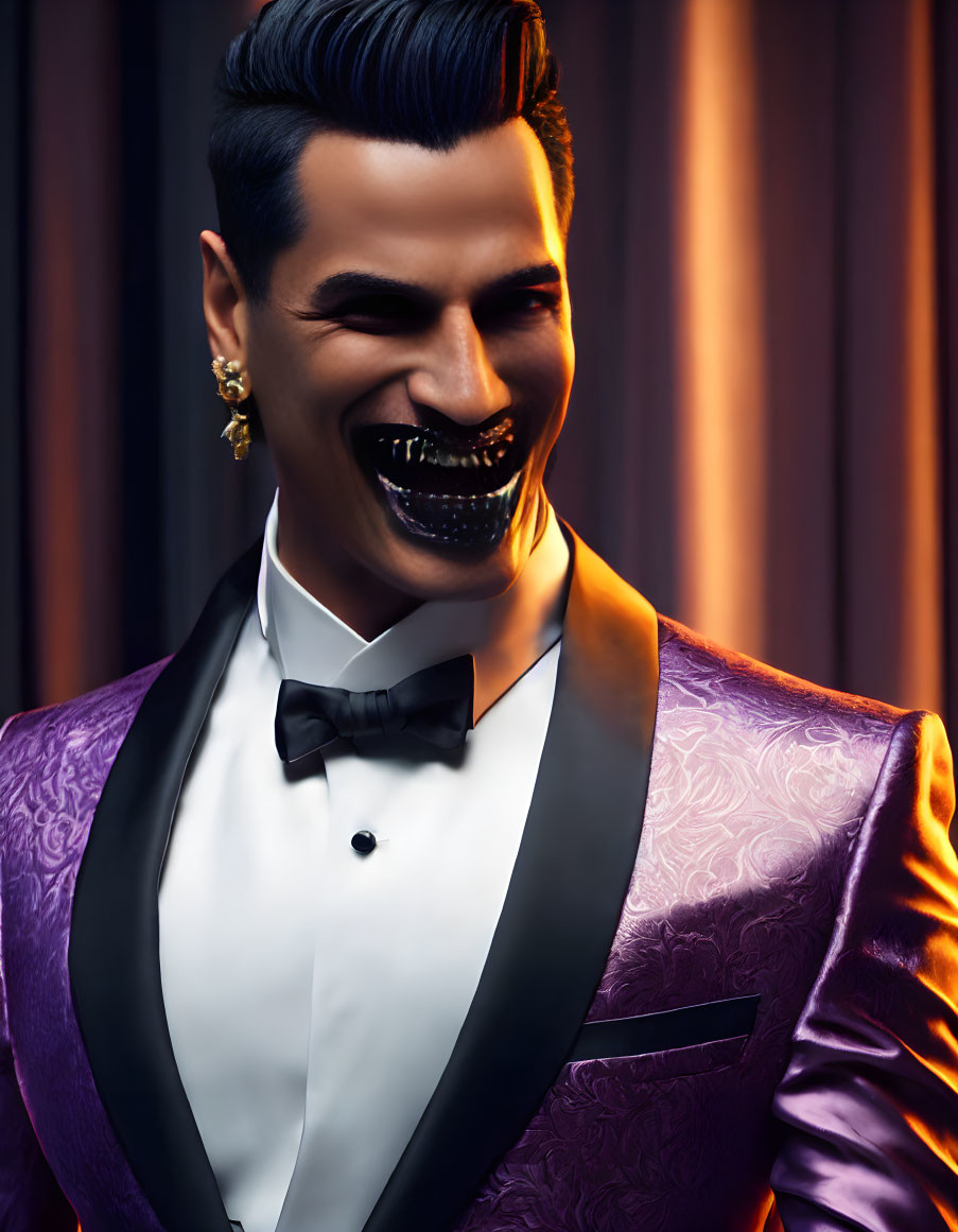 Stylish man digital artwork with sinister skull smile in purple tuxedo