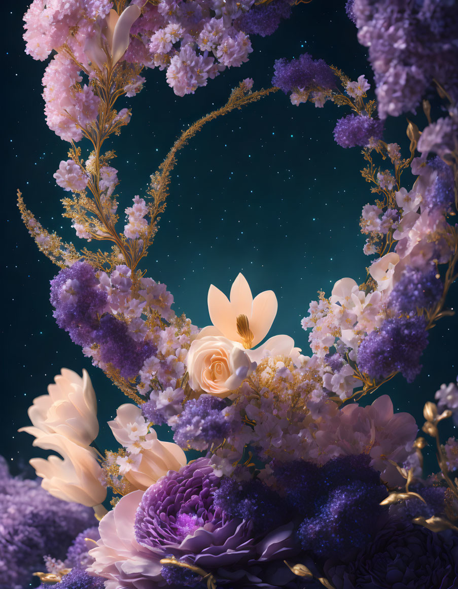 Purple and Cream Floral Arrangement on Starry Night Sky Background