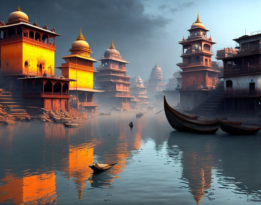 Traditional domed buildings and wooden boat on serene river at dusk