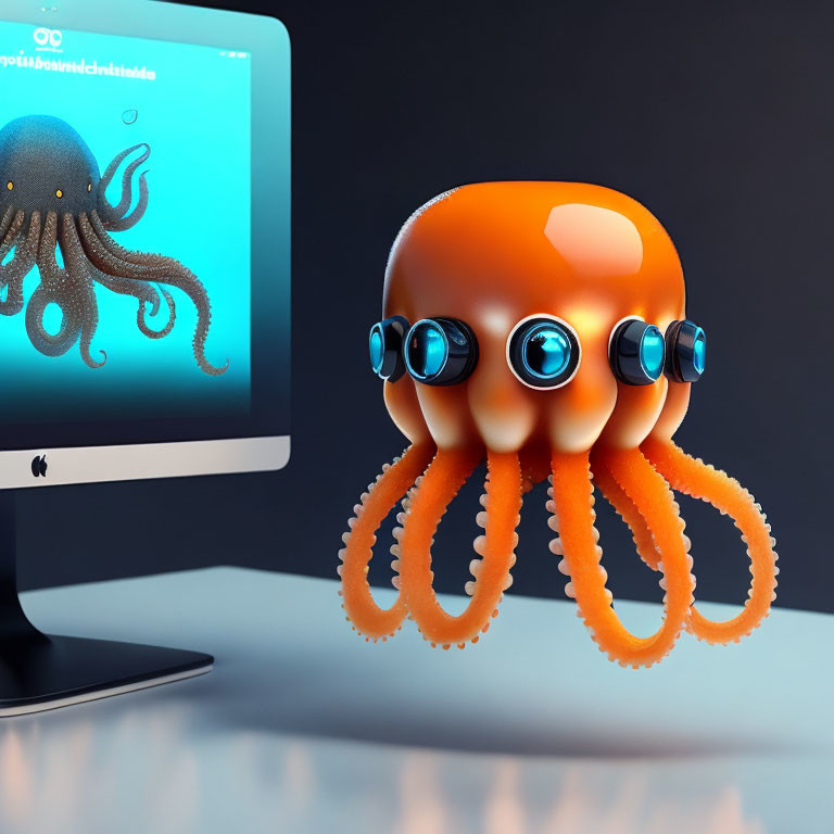 Cartoon orange octopus with blue goggles on desk next to iMac