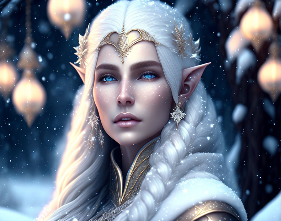 Fantastical elf in white and gold attire with blue eyes, surrounded by glowing lanterns in snowy