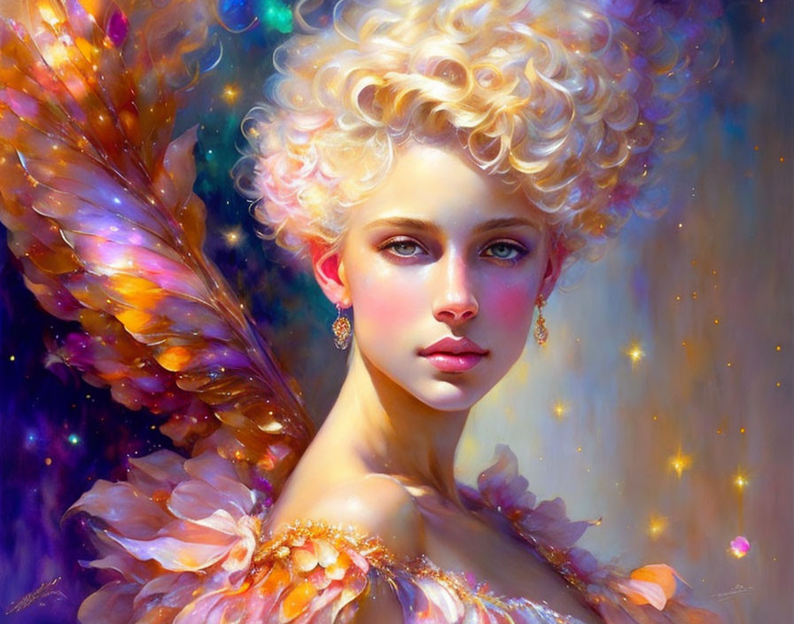 Fantastical portrait of female figure with butterfly wings and starry backdrop