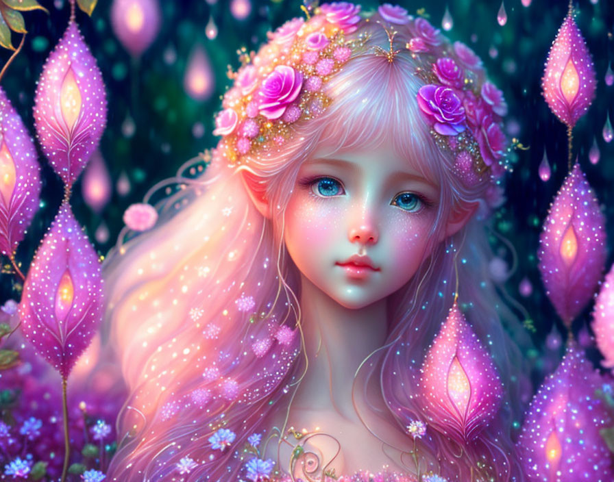 Girl with Pink Flowers Surrounded by Glowing Flora in Magical Forest