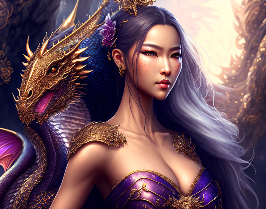 Illustrated woman with long silver hair beside golden dragon in regal fantasy scene