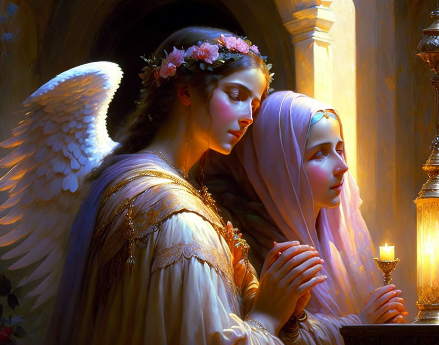 Serene angel with white wings and floral crown beside young woman in blue veil in candlelit golden scene