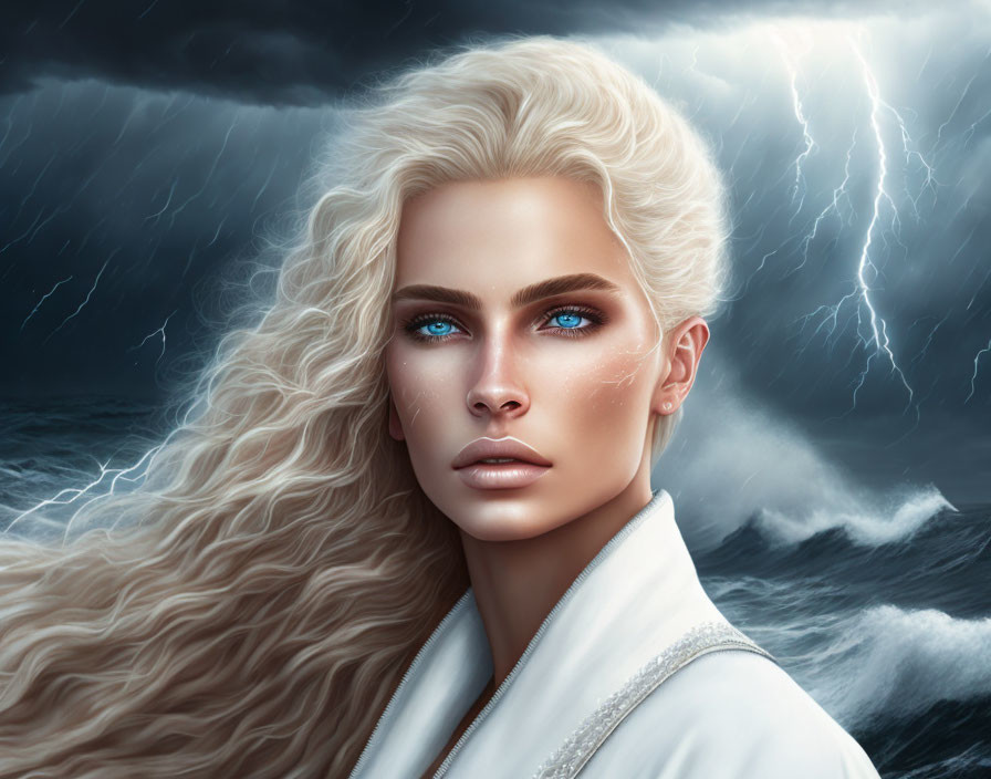 Digital portrait of person with blue eyes and blond hair against stormy seas and lightning