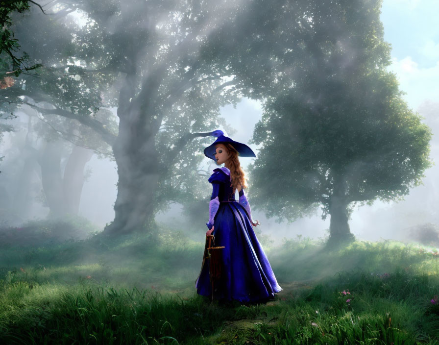 Woman in Blue Medieval Dress Holding Basket in Mystical Forest