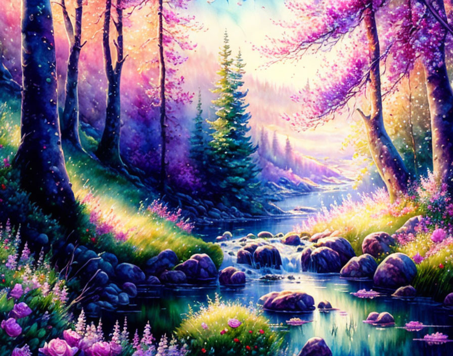 Colorful woodland scene with stream and blooming trees